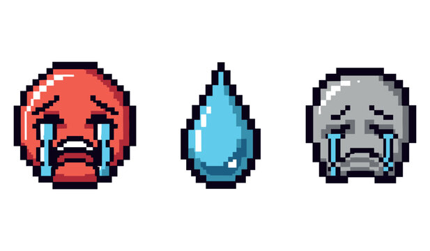 Pixel art crying faces and teardrop icon set