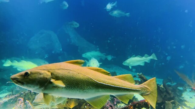 Atlantic cod swimming underwater in Norway fjords