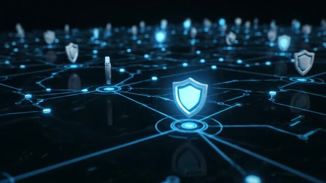 Digital Cybersecurity Network Visualization - This video showcases a futuristic representation of a cybersecurity network featuring glowing blue shields interconnected by a network of lines and nodes.