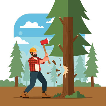 Lumberjack chopping tree with axe in forest, illustration