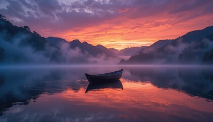 Lone boat on misty lake at vibrant sunrise