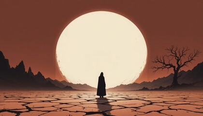 Lone figure in desert landscape with large sun and barren tree