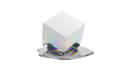 Iridescent melting liquid metal base supporting a perfectly white geometric cube on transparent background
