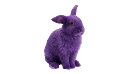 Vividly colored purple rabbit sitting upright looking curiously towards the side on transparent background