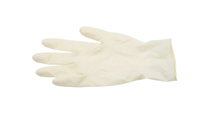 Single disposable off-white latex examination glove lying flat, isolated on transparent background