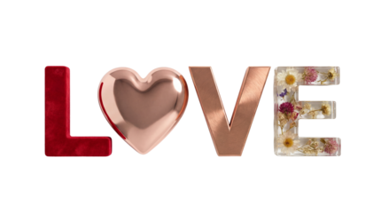 Detailed artistic rendering of the word love using diverse luxurious textures on transparent background