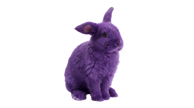 Vividly colored purple rabbit sitting upright looking curiously towards the side on transparent background - Powered by Adobe