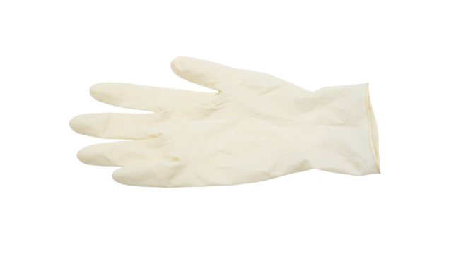 Single disposable off-white latex examination glove lying flat, isolated on transparent background - Powered by Adobe