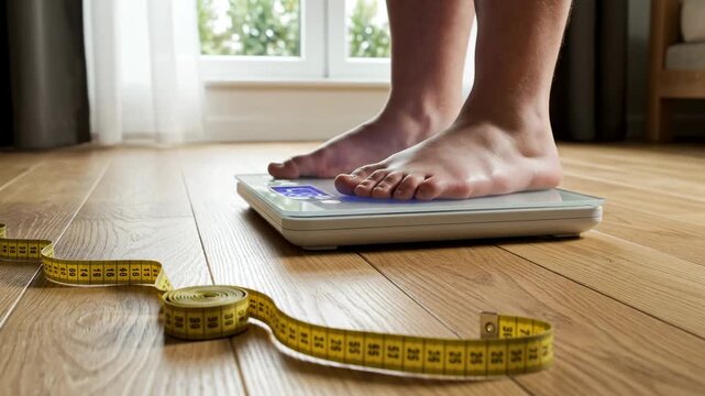 Close up of bare feet standing on a modern digital scale with a measuring tape nearby. The scene depicts a routine weight check, emphasizing health awareness and fitness goals in a home setting