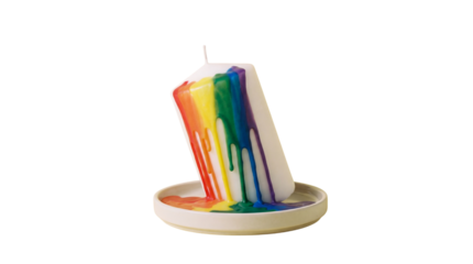 Beautifully melted white candle dripping vibrant rainbow colors onto a ceramic dish on transparent background