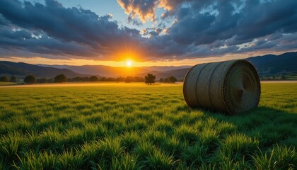 Round hay bale in a green field at sunset round bale
