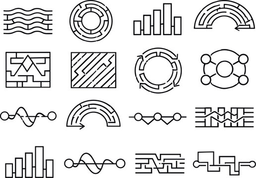 Line style vector icons of maze structures: sync band, modulation ring, pulse bar, feedback arc, modulation ring