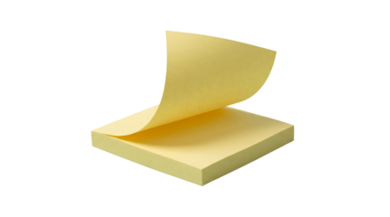 Bright yellow sticky note pad with one sheet peeling back from the stack on transparent background
