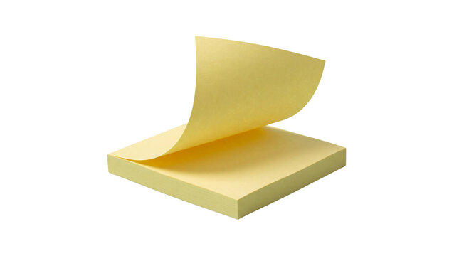 Bright yellow sticky note pad with one sheet peeling back from the stack on transparent background