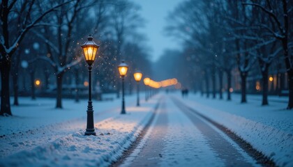 Snowy park path lined with glowing lanterns at dusk