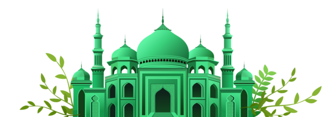 green mosque with domes and minarets and leaves transparent background