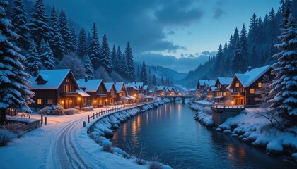 Snowy village with river and pine trees at dusk winter