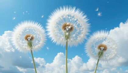 Three white dandelions with seeds blowing in blue sky