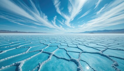 Vast salt flats with hexagonal water pools under a sky