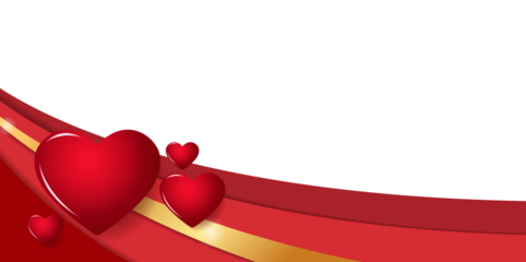 Red hearts on wavy ribbon with gold stripe transparent background