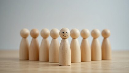 Wooden peg doll with smiley face stands out from group