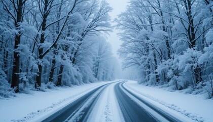 Winding snow covered road through frosted trees winter