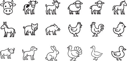 Farm animals line icon set with cow, sheep, pig and chicken. Clean outline vector for agriculture design. © MdMoziber