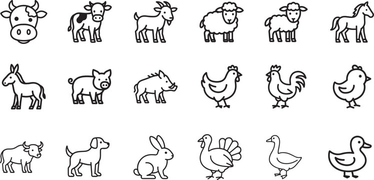 Farm animals line icon set with cow, sheep, pig and chicken. Clean outline vector for agriculture design.