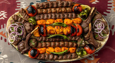 A delicious platter of grilled meat skewers and vegetables on a colorful tablecloth