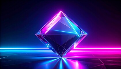 Floating transparent neon cube with blue and pink glow in dark digital space