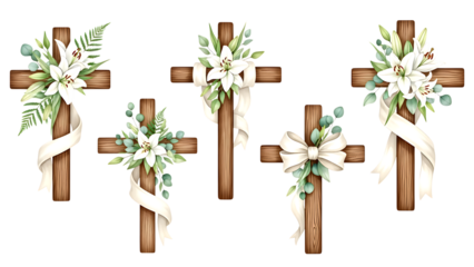Five Watercolor Wooden Crosses Decorated with White Lilies and Green Foliage