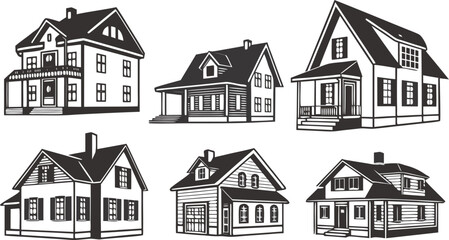 Diverse Architectural Delights: A collection of various house illustrations, showcasing distinct design elements and characteristics.