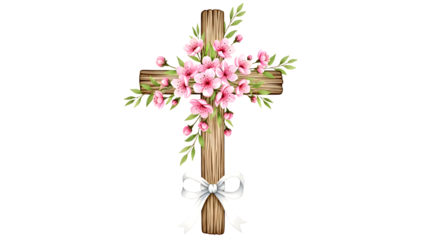 Watercolor Illustration of Rustic Wooden Cross Adorned with Pink Cherry Blossoms and White Bow