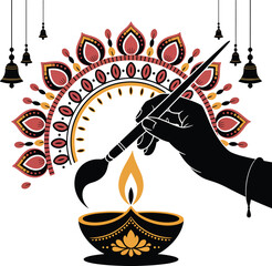 A hand painting a diya lamp with a decorative floral and bell background