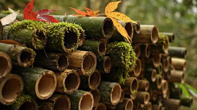 Mossy Bamboo with Autumn Leaves - A stack of bamboo poles covered in green moss is featured with vibrant red, orange, and yellow autumn leaves resting on top, creating a natural and serene setting.