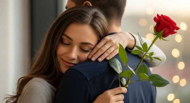 Serene affection displayed between a couple with a red rose signifying love and tenderness