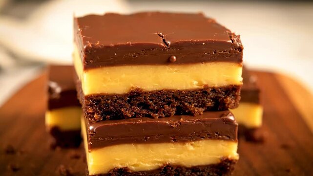 Decadent Layered Chocolate and Cream Dessert - This enticing video showcases a stack of rich layered dessert squares featuring a chocolate top layer, a creamy yellow middle layer, and a crumbly