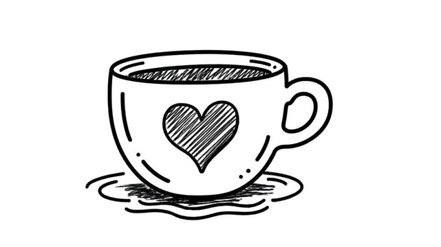A simple black and white illustration of a coffee cup with a heart design