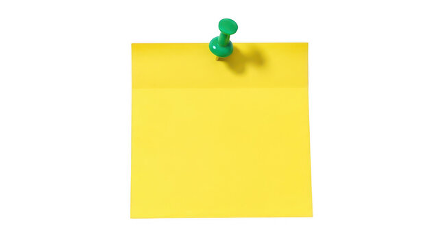 Bright yellow sticky note with green pushpin isolated on transparent background