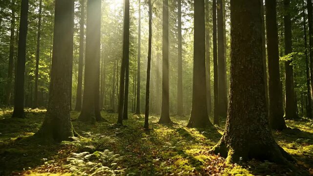 Serene Sunlit Forest - A tranquil forest scene featuring tall trees bathed in soft sunlight. The rays of light filter through the dense foliage, illuminating patches of green moss and fallen leaves