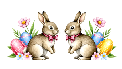 Cute Easter Bunnies Illustration with Colorful Eggs and Spring Flowers