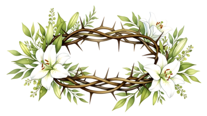Watercolor Illustration of Crown of Thorns Adorned with White Easter Lilies