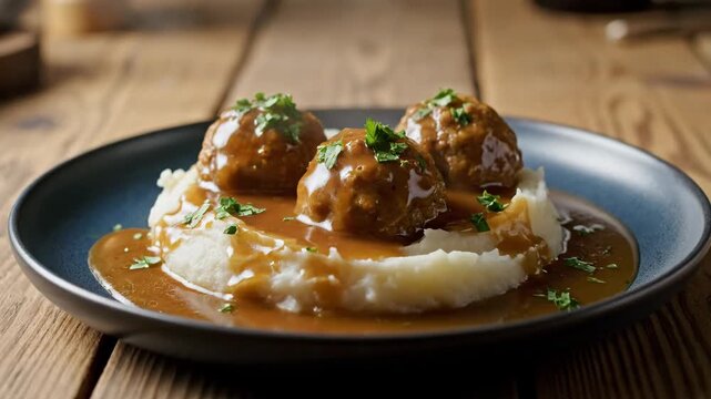 Savory Meatballs with Mashed Potatoes - This appetizing video features three juicy meatballs smothered in rich brown gravy, resting atop a generous serving of creamy mashed potatoes.