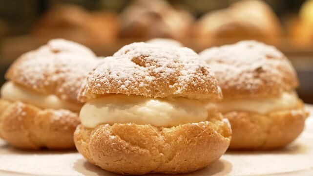 Cream-filled Pastries with Powdered Sugar - This video features a close-up of delectable cream-filled pastries topped with powdered sugar.