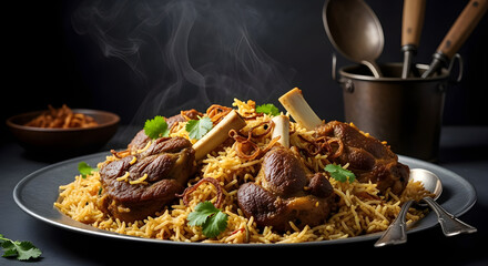 Steaming plate of flavorful lamb shanks with herbs on rice