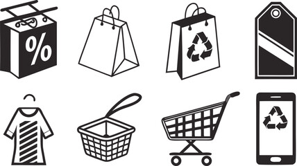 E-commerce Essentials: A collection of various e-commerce icons, including shopping bags, sale tags, and a mobile device with a recycling symbol.