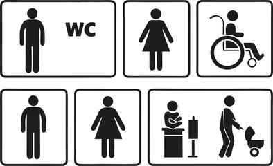 Toilet Sign Icons: A set of informative icons depicting facilities for men, women, individuals with mobility issues, baby care, and family-friendly access.
