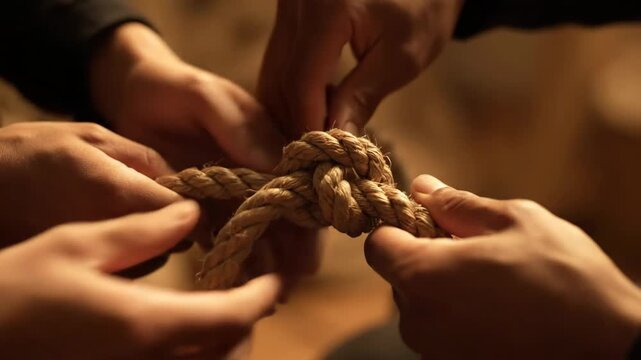 Hands Tying a Knot with Rope - The video showcases multiple hands engaged in the process of tying a knot using thick rope.