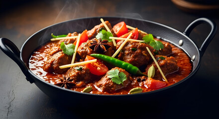 A delicious and spicy meat dish with vegetables in a black pan on a table