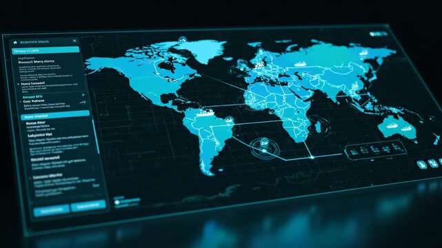 Global Data Network Visualization - A futuristic digital interface displays a world map overlaid with data visualizations, connection lines, and informational panels.